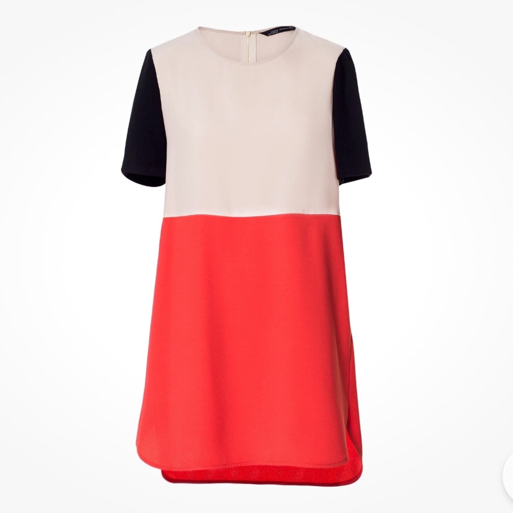 Zara Colorblock Shift Mini Dress Small Blush Pink Red Black Mod Short Sleeve - Picture 15 of 16